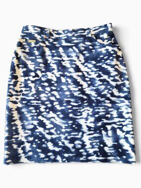 ESCADA 38 Blue White Abstract Tie Dye Stretch Cotton Denim Pencil Skirt Designer